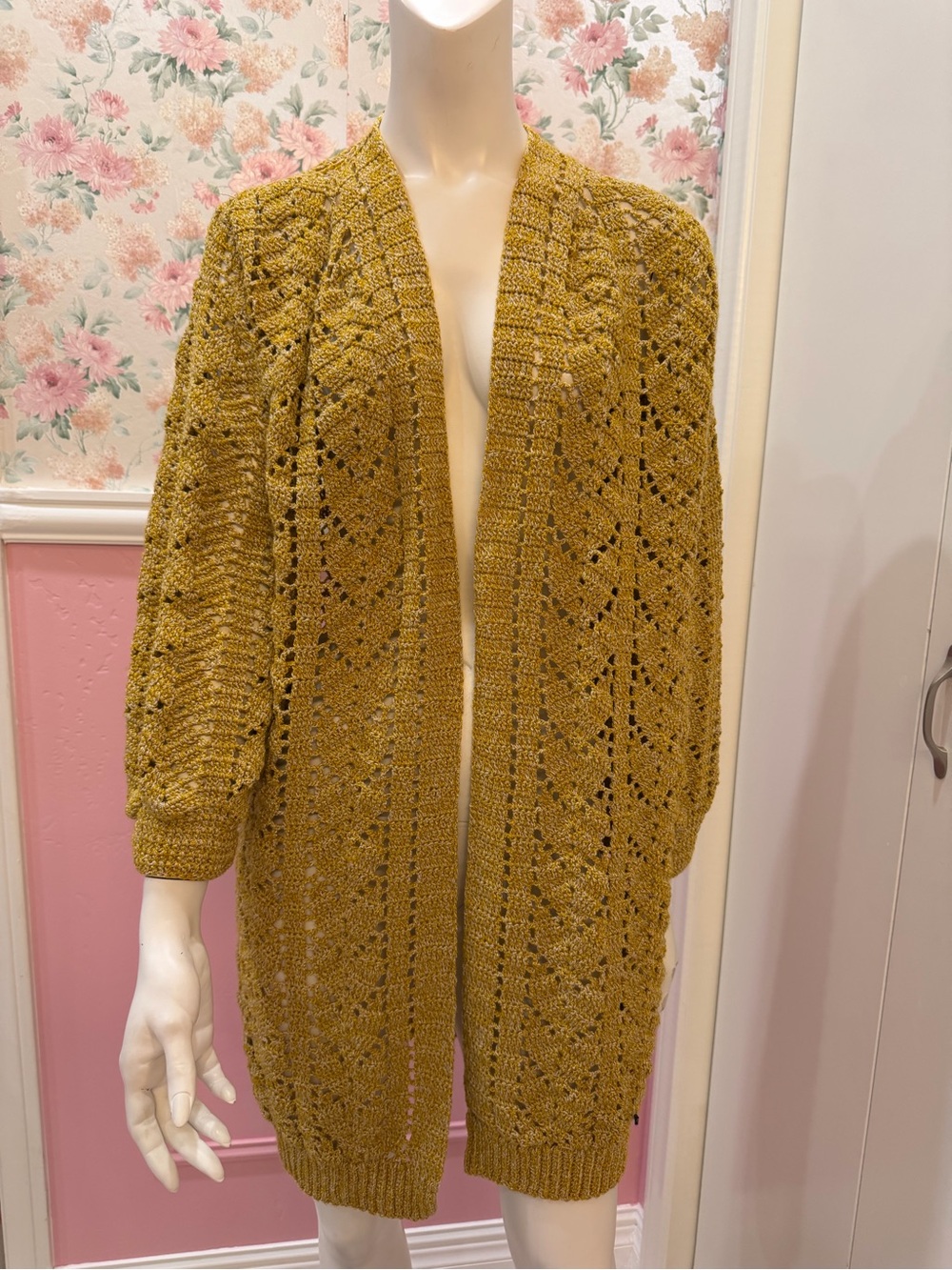 Hand made Womens Open Front Knit Cardigan Sweater - Mustard